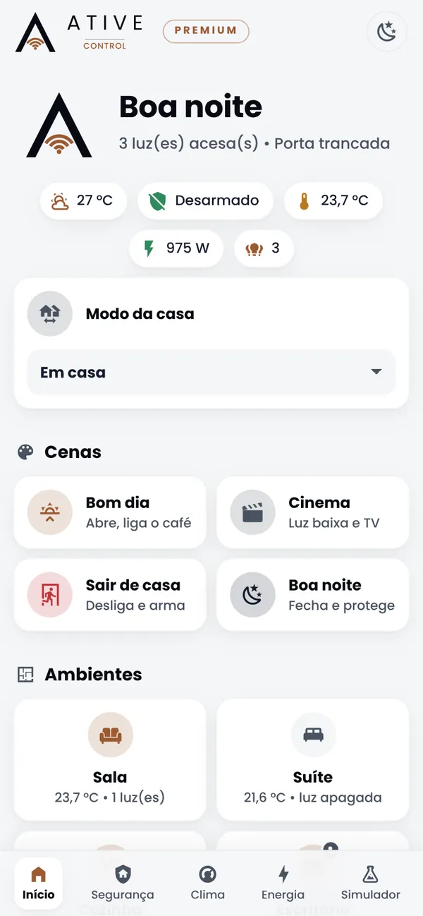 Tela inicial do app ATIVE CONTROL