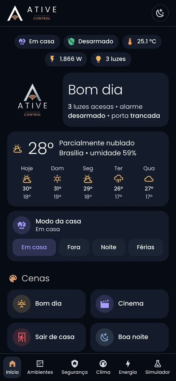 Tela inicial do app ATIVE CONTROL